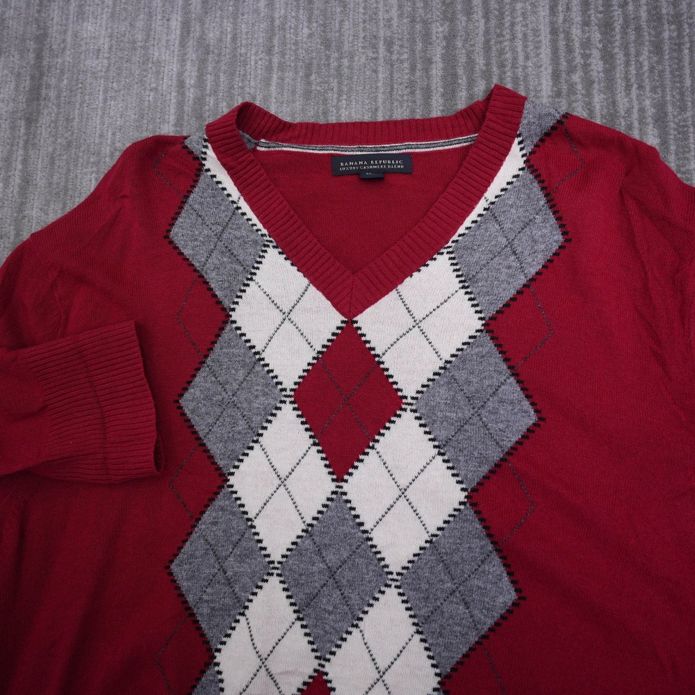 Banana Republic Men XL Red Argyle V-Neck Luxury Cashmere Blend Knit Sweater